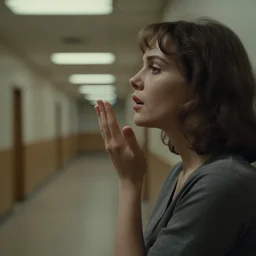cinematic shot from a 1 9 8 5 thriller, a woman hears a voice in her head, movie directed by stanley kubrick, color theory, leading lines, photorealistic, volumetric lighting, f / 2 2
