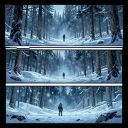 no border 3 panel graphic novel layout magnesium forest frozen tundra cryogenic tears hyperspace loneliness futuristic small unit tactics behind enemy lines littoral combat photorealistic graphic novel layout by michael komarck, greg rutkowski, victo ngai, artgerm, willem claesz heda and j. dickenson roger deakins john seale syd mead