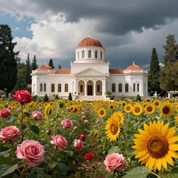 beautiful highly detailed digital illustration of a rose and sunflower garden in front of a greek palace in the forest. by Andreas Rocha, dramatic clouds, establishing shot, cinematic, architecture, artstation HQ, HD, 8k resolution, featured in art magazine, amazing depth, octane render, unreal engine 5