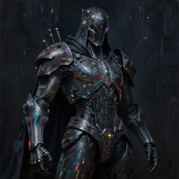 dark cyborg armour made of intricate complex circuitry and microchips, iridescent, cloaked warrior assassin, black body, colorful, intricate linework, gothic baroque, intimidating, magical, realistic oil painting, artstation, rutkowski, wlop, chebokha, artgerm