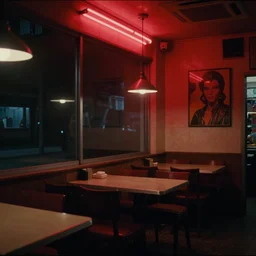 simple small chinese restaurant interior dimly lit by red neon lighting Friday evening Bladerunner 2049 scene still. Dark glass windows. art  by Alessandra Querzola and Dennis Gassner. Cinematography by Roger Deakins 1989 film photo slightly grainy.