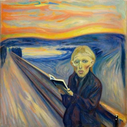 lots of people reading on street, canvas, oil paint, magnification, cinematic, detailed, artwork by edvard munch