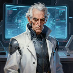 marvel comic book style portrait painting of an old thin wispy man with a mean intelligent face, wearing a futuristic lab coat, standing in front of a computer simulation, sci - fi, intricate, elegant, highly detailed, digital painting, artstation, concept art, matte, sharp focus, illustration, art by artgerm and greg rutkowski and jim burns and alan lee