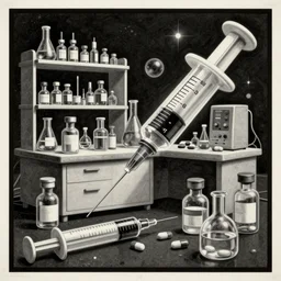 hyperdetailed cyber fun 70's poster painting in a color style of 70's black poster art of an pharmacy chemical lab, syringe, drugs, chemical substances, epic scale ultrawide angle, 3D  rendered, Vray rendered, octane render, unreal engine