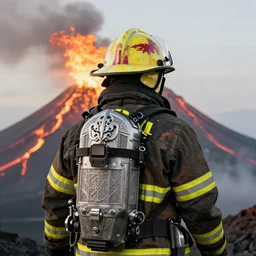 Fireman, volcano, flames, light atmosphere, cinematic shot, intricate, ornate, photorealistic, ultra detailed, realistic, 100mm, photography, octane, high definition, depth of field, bokeh, 8k, artstation