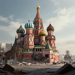 futuristic moscow in ruins during world war 3, beautifully detailed 4 k octane render, 4 k post processing, soft natural volumetric lighting, scifi base, artstation, by johnson ting, jama jurabaev