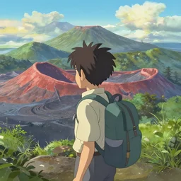 a boy with a backpack, beautiful volcanic landscape, by makoto shinkai, greg rutkowski, artstation, high detailed, cgsociety,