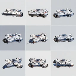 a 3 d render of a spaceship in from different angles in a 6 / 6 grid