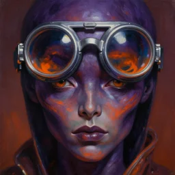 baroque neoclassicist close - up portrait of a dark retrofuturistic supernatural alien with big eyes wearing reflective goggles. dark purple and orange iridescent and reflective textures. highly detailed science fiction painting by norman rockwell, frank frazetta, and syd mead. rich colors, high contrast, gloomy atmosphere. trending on artstation and behance.