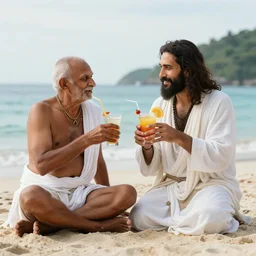 ghandi and jesus drinking cocktails on a thailand beach