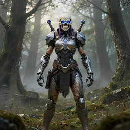 skull faced muscular female warrior with glowing blue eyes wearing biomechanical armor, apex legends, forest plains of yorkshire, misty forest, mcu, concept art, good value control, digital painting, sharp focus, rule of thirds, 4k, centered, magic hour photography, atmospheric, moody colors