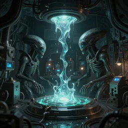 dark disturbing bunker laboratory with alien mechanisms inside, with mystical glowing fluid, ultra detailed, made by greg rutkowski