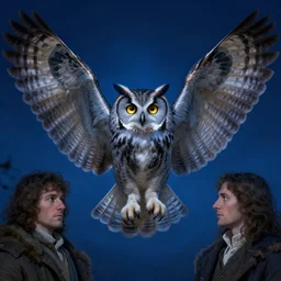 portrait of a gray owl attacking with spreaded wings, bright golden eyes in the night, blue night lighting, symmetrical, album cover art, highly detailed, digital painting, artstation, concept art, sharp focus, cinematic lighting, illustration, art by artgerm and greg rutkowski, alphonse mucha, cgsociety