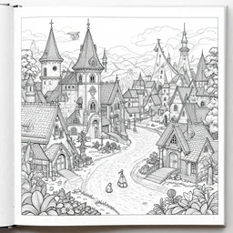 an adult coloring book page of a fantasy village by steve mcdonald and angela porter, 4k, trending on artstation