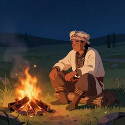 Nomadic trader, sitting by a campfire, night, digital art, 4k