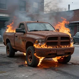 photograph of a rusty dodge ram on fire in the street by simon stalenhag