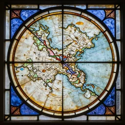 ancient cartography map as a stain glass window, photorealistic