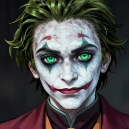 a Demon Slayer portrait of The Joker, tall, pale-skinned, slender with lime green eyes and long eyelashes by Stanley Artgerm, Tom Bagshaw, Arthur Adams, Carne Griffiths, trending on Deviant Art, street art, face enhance, chillwave, maximalist, full of color, glittering