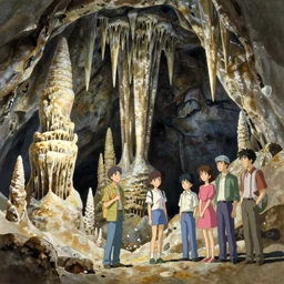 inside a natural cave with stalactites, artstation, elegant, highly detailed, digital painting, concept art, smooth, sharp focus, illustration, art by don bluth and michel ocelot and makoto shinkai and tom whalen and atey ghailan and akihiko yoshida