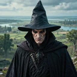 an ultra realistic, cinematic headshot portrait, of an evil wizard, background of a vast serene landscape, with trees and rivers, detailed, deep focus, movie still, dramatic lighting, ray tracing, by michal karcz and yoshitaka amano