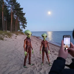 two humanoid aliens with large eyes, leather suits, standing on a beach at baltic sea, near a pine forest, early evening, dim light, moon reflects on the water, photo quickly taken by someone passing by with an iphone, candid photo, spooky, wide shot, detailed