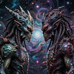 a monster with two sharp heads with dreadlocks that look sternly at each other, it has several eyes and scales on the misshapen body, psychedelic cosmic horror