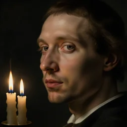 a man's face in profile, candles skin, in the style of the Dutch masters and Gregory Crewdson, dark and moody
