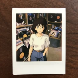 a film still overhead view a full body polaroid portrait of a 1 9 8 0's disney girl working at a vinyl stall, finely detailed features, full body mid shot, detailed smooth face, perfect art,, trending on pixiv fanbox, painted by gaston bussiere, makoto shinkai, akihiko yoshida, gaston bussiere, craig mullins, studio ghibli