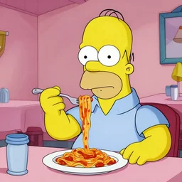Homer Simpson eating pasta at a restaurant