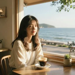 a thin, pretty young Filipino girl sits in the window of a cute seaside Cafe with an espresso, golden morning light, cozy, incredible studio Ghibli style composition, award winning