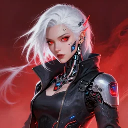 A beautiful painting of a cyberpunk space jocky, girl with white hair fire red eyes sensual stare, Trending on artstation. augmentations and cybernetic enhancements neon circuits, greg rutkowski , hyperrealist, cinema4D, 8k highly detailed ❤️‍🔥 🔥 💀 🤖 🚀