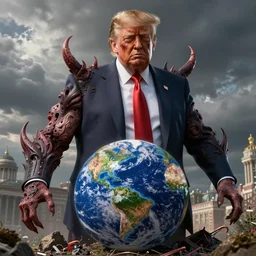 donald trump as a disgusting monster consuming the world, horror, high details, intricate details, by vincent di fate, artgerm julie bell beeple, 80s, inking, vintage 80s print, screen print