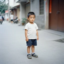a nostalgic full body 3 5 mm film photography of a streer kid who has turned against his friends and loved ones for a handfull of dollars