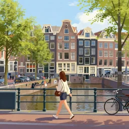 i walk in amsterdam, the netherlands. volumetric lighting, summer, late morning, clear weather, few clouds, realistic illustration, perfectly shaded, soft painting, art by krenz cushart and wenjun lin