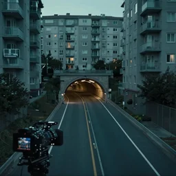 establishing shot of a large highway going under an apartment building, highway tunnel under an apartment building, movie still, wide establishing shot, dark teal lighting, soft dramatic lighting, sharp focus, 4 k digital camera