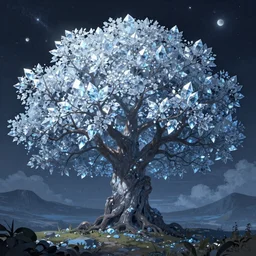 epic fantasy landscape of a tree with diamond crystal translucid leaves, beautiful night sky by Cyril Aquasixio Rolando, Cyril Rolando, pixiv