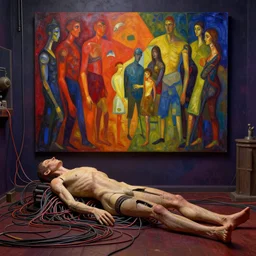 realistic detailed photo rendered in octane 3d , Leaving the body in a room with wires, mysticism, by Francis Bacon, by Ayami Kojima, Amano, Karol Bak, Greg Hildebrandt, and Mark Brooks , by Alex Grey. vibrant deep colors. Beksinski painting, art by Takato Yamamoto. masterpiece. rendered in blender, ultra realistic, smooth shading, ultra detailed, high resolution, cinematic, unreal 6