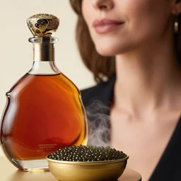 a closeup photorealistic photograph of a classy lady and an armagnac decanter next to bowl of fresh caviar. this 4 k hd image is trending on artstation, featured on behance, well - rendered, extra crisp, features intricate detail and the style of unreal engine.