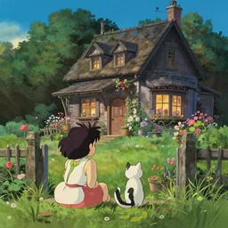 a girl and a cat looking at a flowery cottage, evening, highly detailed, studio ghibli, artstation