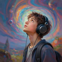 boy with headphones looking into the sky, psychedelic trip, cinematic shot, epic composition, fine details, octane render, 8 k, depth of field, concept art, oil painting, digital art, deviantart artstation, extremely detailed, very sharp,