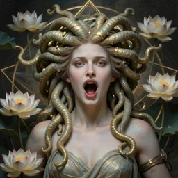 detailed, portrait of medusa, screaming, surrounded by lotus flowers and geometry