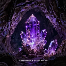 A dark cave illuminated by large glowing violet crystal shards and veins, by greg rutkowski and thomas kinkade, ambient light, ultra detailed, 8k, trending on artstation, award winning, beautiful scenery, anime