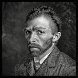 a dark, monochrome, glass negative, silver gelatine realistic, supersharp, supersharp, realistic, photographic daguerrotpye portrait of vincent van gogh, shallow depth of field