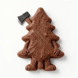 A brownie that looks like a piece of wood. The shape is reminiscent of a pine tree, and the coloration is similar as well. It is covered with hair on its legs and torso, which makes it look like an animal in the forest. Its arms are thin but long, and have small hands and fingers. It carries an axe on its back, which makes it look like a lumberjack.