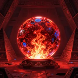 a sketch of a magical molten glass orb gloating in a pyramid treasure room, realistic, glowing orb of fire, by melmoth zdzislaw belsinki craig mullins yoji shinkawa, red light, vrealistic render, anime, paint smears digital art, realistic anime, dramatic lighting, red light, blue highlights