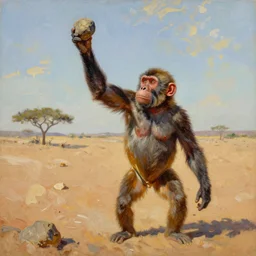 bright beautiful oil painting of a primitive ape throwing a rock in kalahari desert, light scatter, van gogh