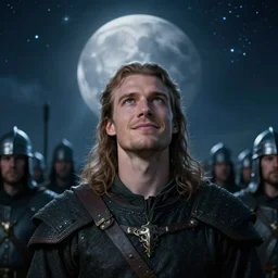 cinematic artwork of a medieval commander in his twenties, clean shaven with long hair and green eyes, looking up at the cosmos with a slight smile on his face, standing in front of his warriors ready for battle by greg rutowski, 4 k, masterpiece, moon rays
