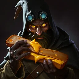 concept character dutch man with cheese sandwich, glowing eyes and wearing cloak, ambient lighting, dramatic colors