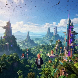 cosmic flying cities sailing over lush rainforest mountaintops, massive flocks of flying birds, synthwave, bright neon colors, highly detailed, cinematic, tim white, vladimir kush, philippe druillet, roger dean, bob eggleton, michael whelan, boris vallejo, alfred kelsner, kubrick, jaroslaw jasnikowski