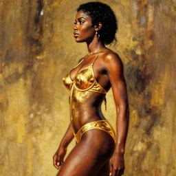 exploitation movie poster from 7 0's, african dejah thoris seen from the side, gold bikini armor, oil painting, by leyendecker,